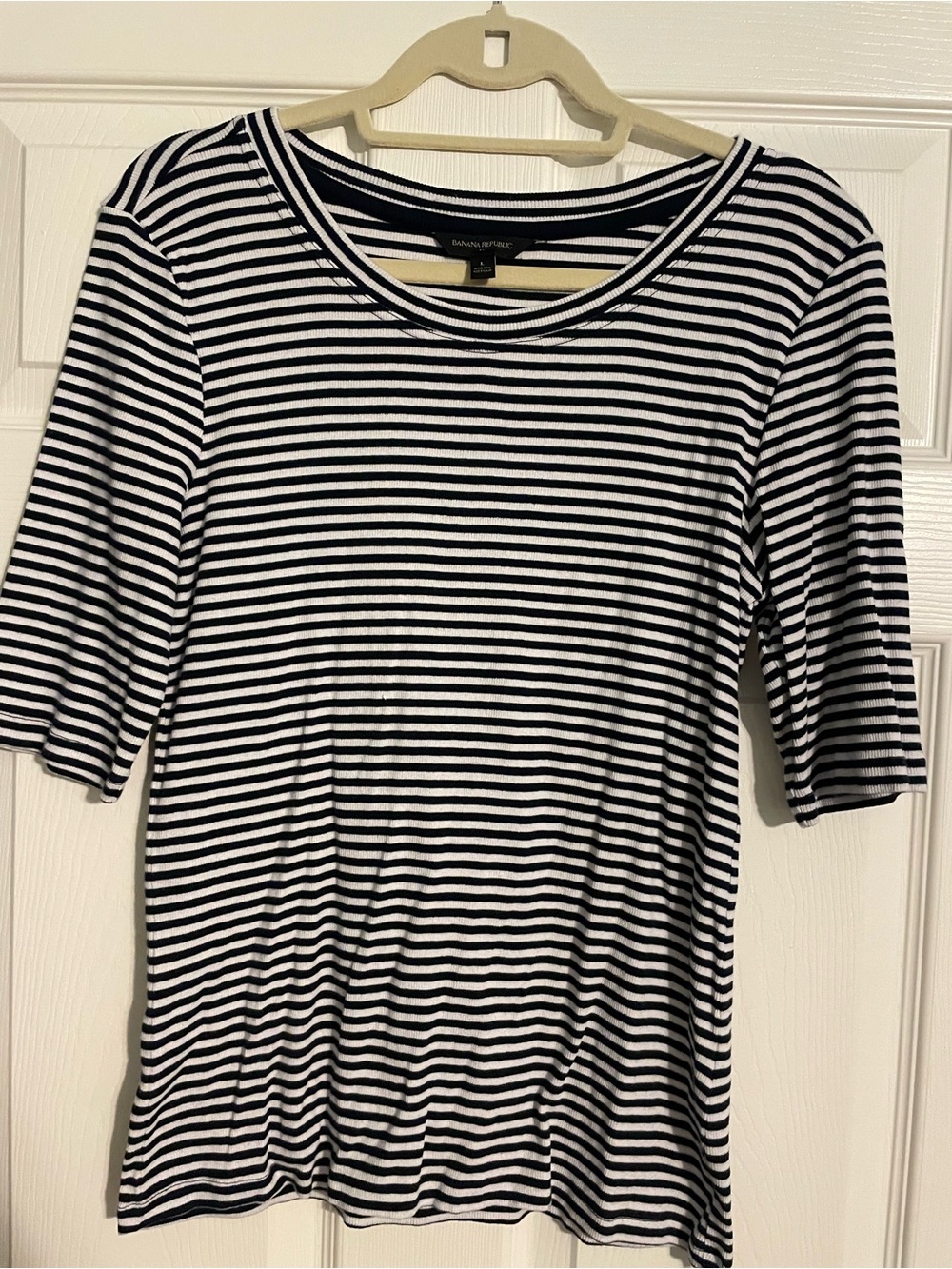 Banana Republic Navy and White Striped Short-Sleeve Tee